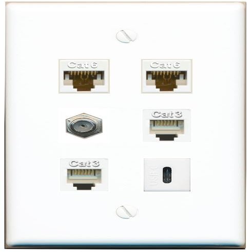 2 CAT6 Coax 2 Phone USBC Flat/Solid Wall Plate [White]
