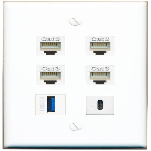 4 Phone USB-3 USBC Flat/Solid Wall Plate [White]