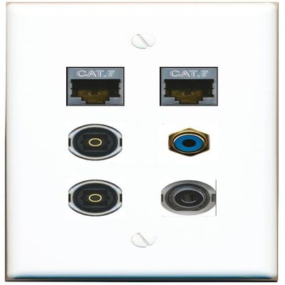 3.5mm 2 CAT7 RCA-Blue 2 TOSLINK Flat/Solid Wall Plate [White]