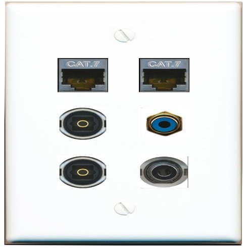 3.5mm 2 CAT7 RCA-Blue 2 TOSLINK Flat/Solid Wall Plate [White]