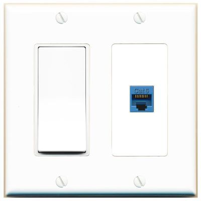 [1 Ports] CAT6-BLUE Wall Plate with Decorative Light Switch [White]