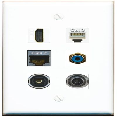 3.5mm CAT7 HDMI Phone RCA-Blue TOSLINK Flat/Solid Wall Plate [White]