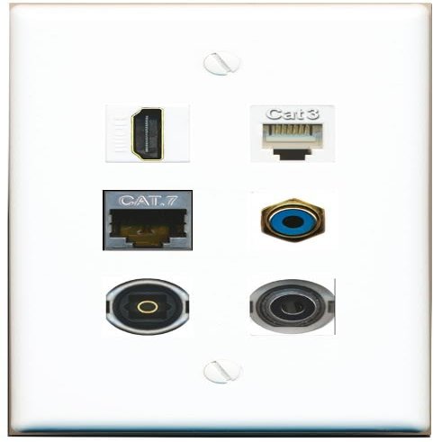 3.5mm CAT7 HDMI Phone RCA-Blue TOSLINK Flat/Solid Wall Plate [White]
