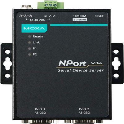 NPort 5210A 2 Ports Device Server, 10/100M Ethernet, RS-232, DB9 Male, 15KV ESD, 0.5KV Serial Surge, 12~48VDC, 0~60C with Adapter