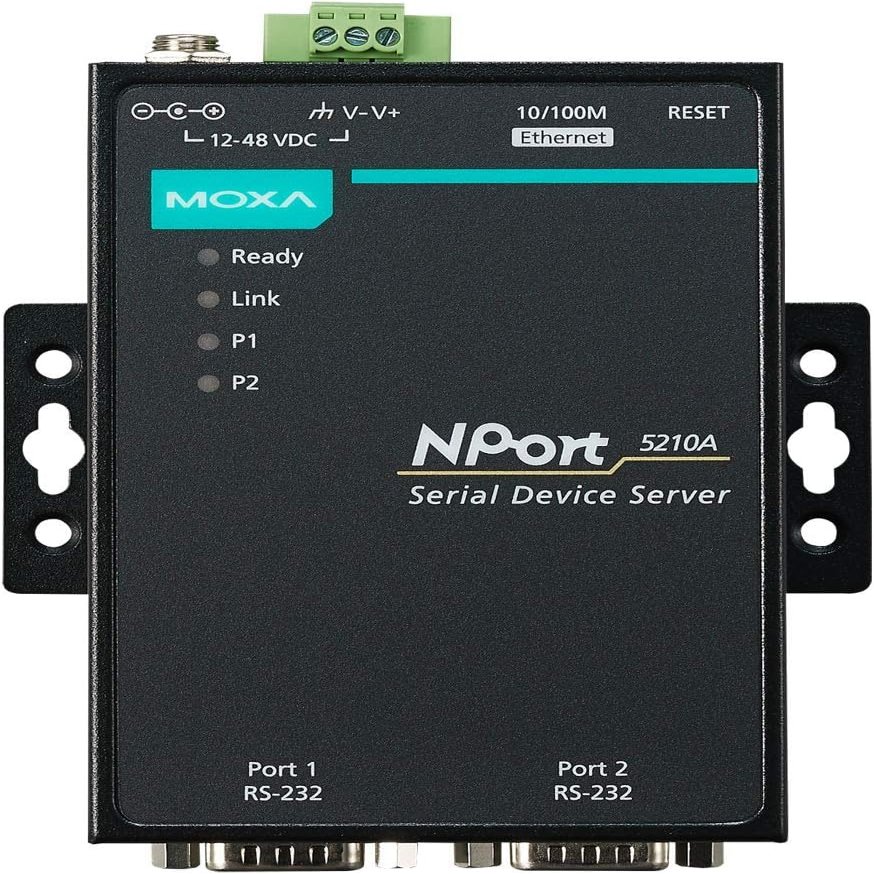 NPort 5210A 2 Ports Device Server, 10/100M Ethernet, RS-232, DB9 Male, 15KV ESD, 0.5KV Serial Surge, 12~48VDC, 0~60C with Adapter