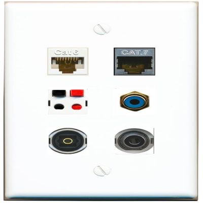 3.5mm CAT6 CAT7 RCA-Blue Speaker TOSLINK Flat/Solid Wall Plate [White]