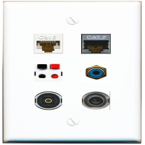 3.5mm CAT6 CAT7 RCA-Blue Speaker TOSLINK Flat/Solid Wall Plate [White]