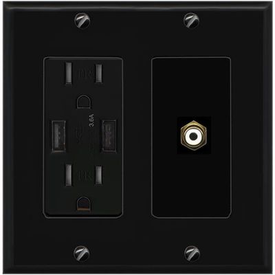 RiteAV RCA-White Wall Plate with USB A Charger Power Outlet [Black]