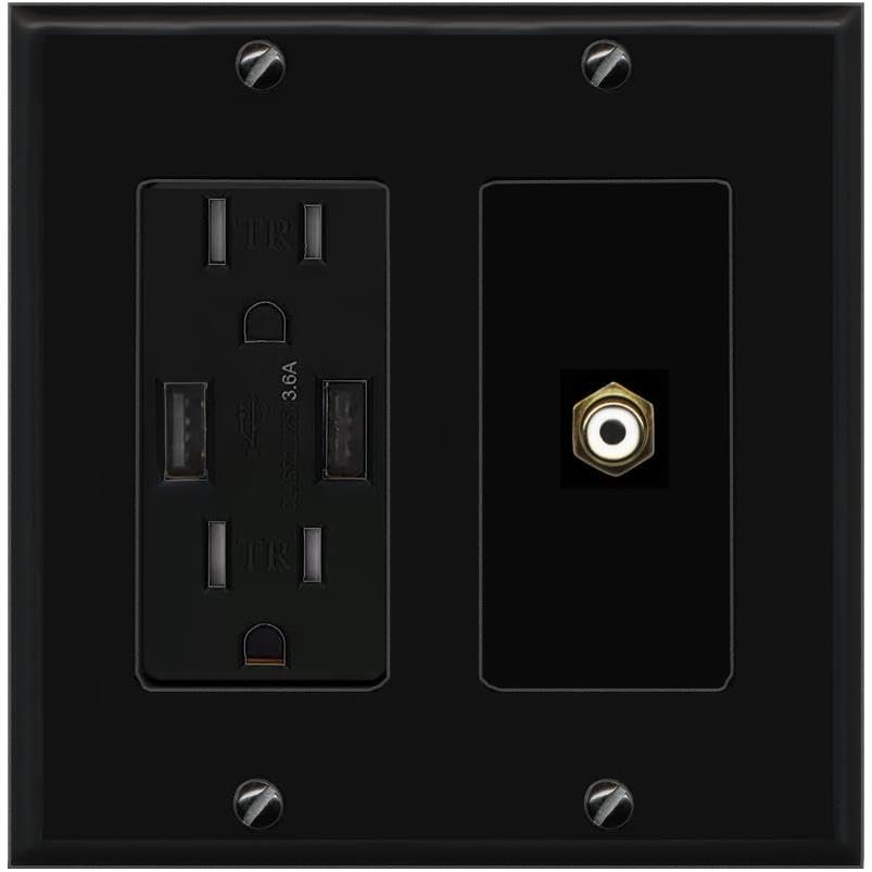 RiteAV RCA-White Wall Plate with USB A Charger Power Outlet [Black]