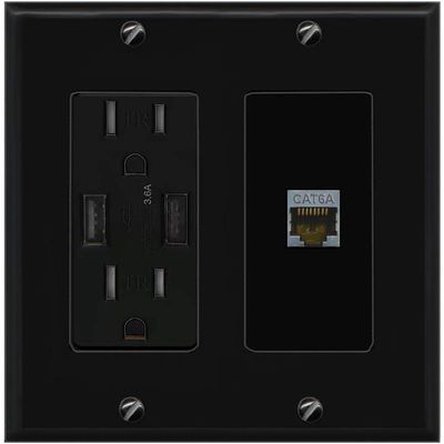 RiteAV CAT6A Wall Plate with USB A Charger Power Outlet [Black]