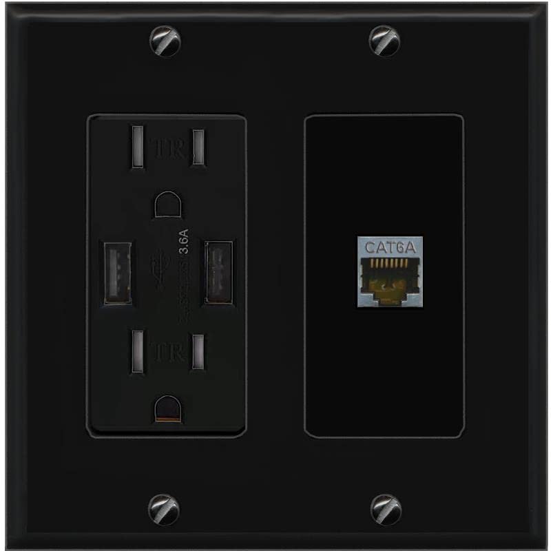 RiteAV CAT6A Wall Plate with USB A Charger Power Outlet [Black]