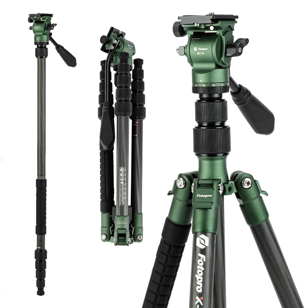 Fotopro 59" Carbon Fiber Travel Tripod, Compact Video Tripods with Fluid Head, Detachable Monopod with Arca-Swiss Quick Release Plate and Bag, Camera Tripod Load up to 8KG/17.63lbs, Green
