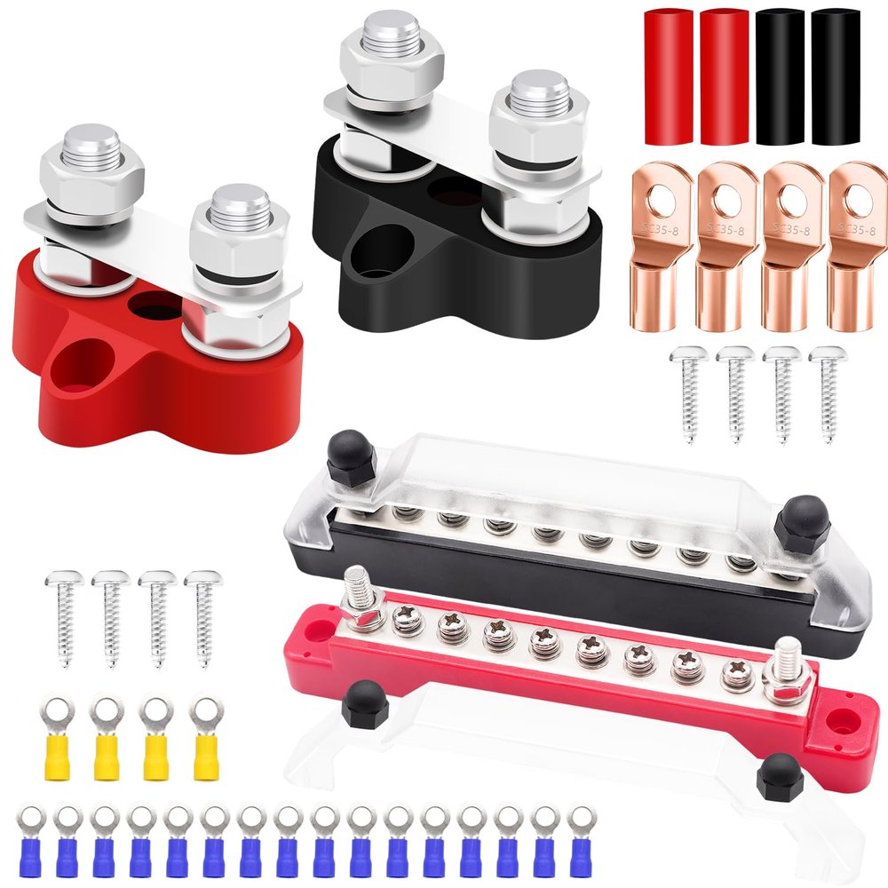 Aienxn 12V Bus Bar Marine 2 x 1/4" (M6) Terminal Studs and 5/16" (M8) Dual Studs