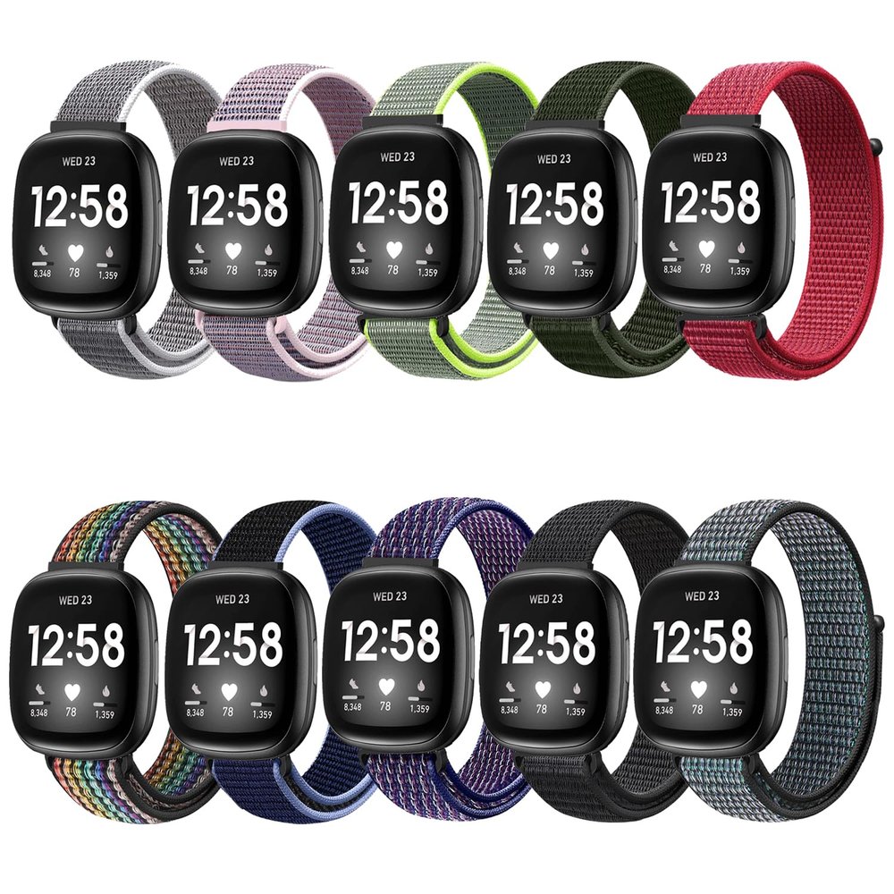 10 Packs Nylon Band Compatible with Fitbit Versa 3/Fitbit Versa 4/Fitbit Sense 2/Fitbit Sense for Women Men, Adjustable Sport Stretchy Braided Solo Loop Strap for Fitbit Versa 3/4