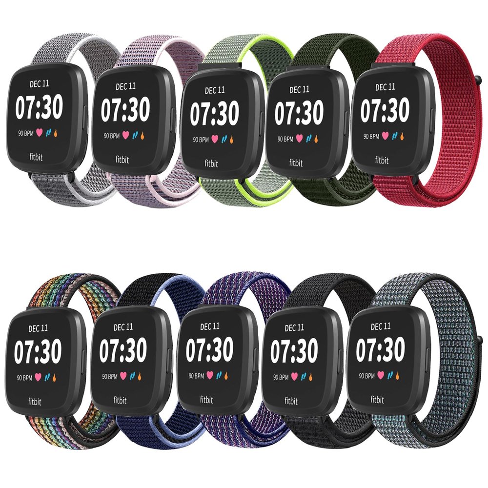 10 Packs Nylon Band Compatible with Fitbit Versa 2/Versa/Versa Lite/Versa SE for Women Men, Adjustable Sport Stretchy Braided Solo Loop Strap for Fitbit Versa 2