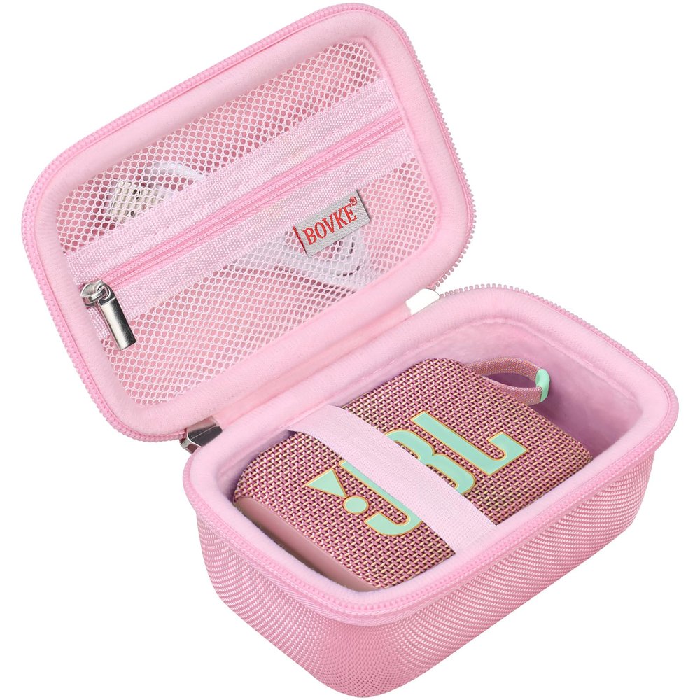 BOVKE Carrying Case Compatible with JBL Go 4 Portable Bluetooth Wireless Speaker, Extra Mesh Pocket for Charging Cables and Accessories, Pink