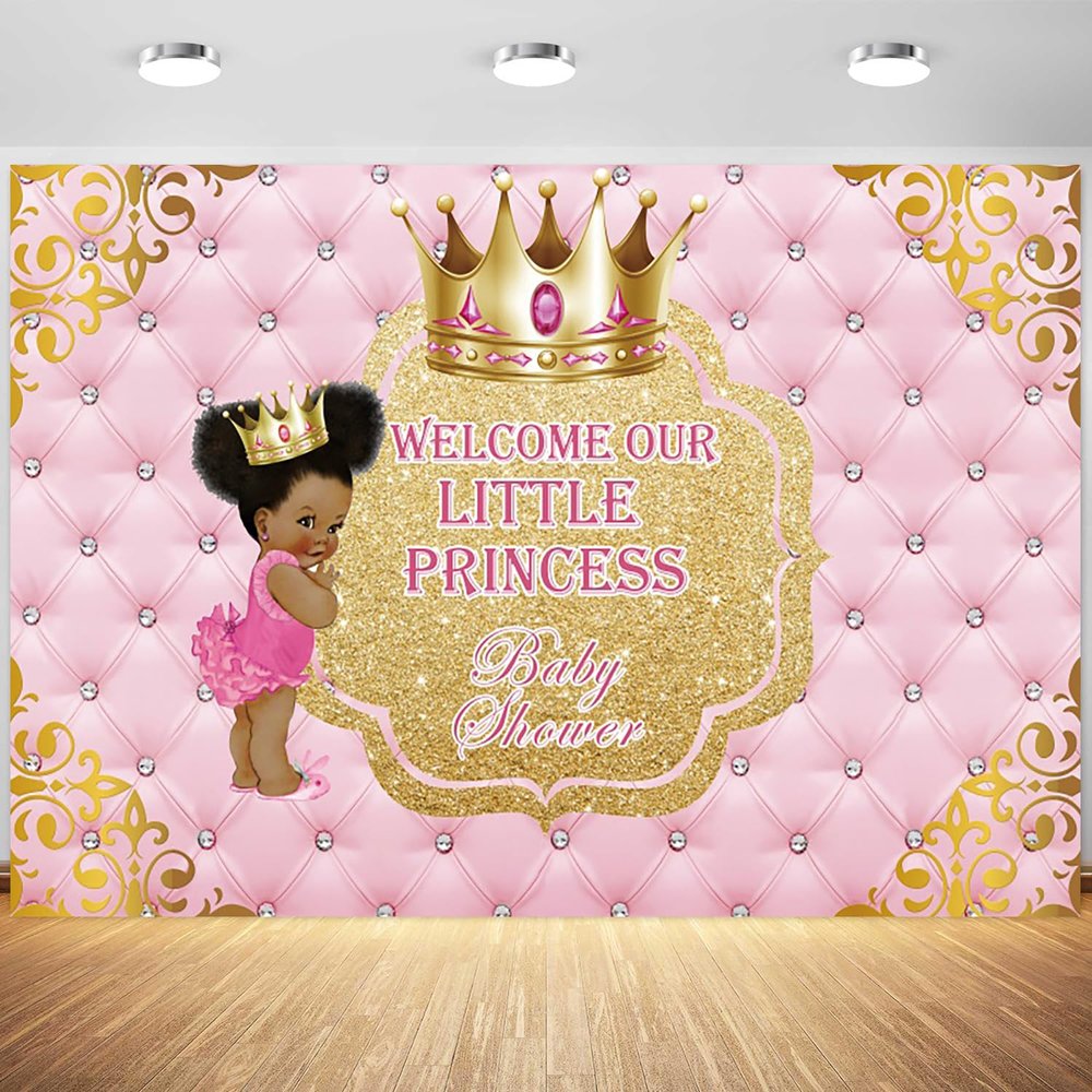 12x8ft Baby Shower Backdrop for Girl Pink Gold Crown Photography Background Little Princess Baby Shower Party Decoration Supplies Photo Booth Props Table Banner