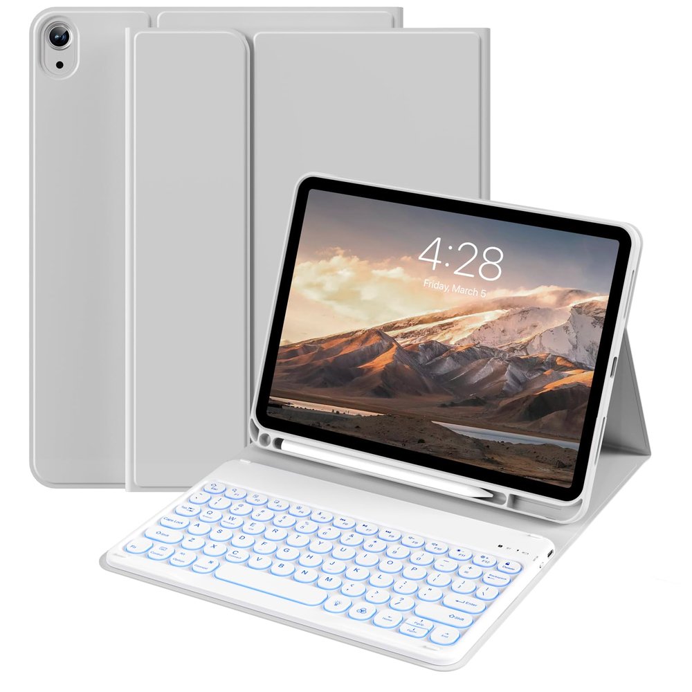 BQDIYOO for iPad 11th 10th Generation Case with Keyboard 2025 2022, 11 inch A16/10.9" 7 Color Backlit Wireless Detachable Keyboard Case with Pencil Holder, Auto Sleep/Wake Tablet Cover, Gray