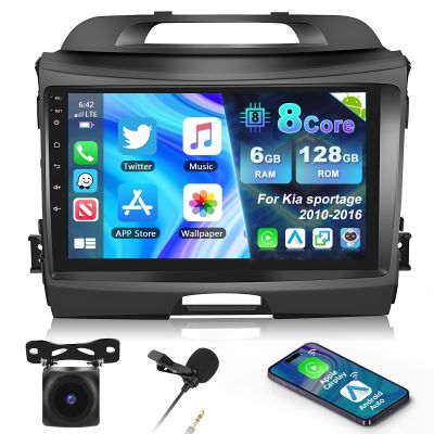 Upgrade 8Core 6+128GCar Stereo for Kia sportage 2010-2016 with Apple Carplay Android Auto,9" IPS Touchscreen Car Radio with WIFI GPS SWC FM/RDS Radio 32EQ DSP,1280*720 Resolution Display+Backup Cam