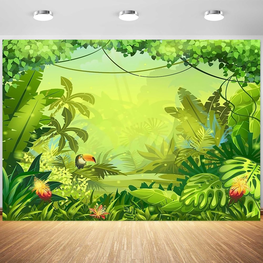 12x8ft Animation Jungle Backdrop Jungle Safari Green Photography Background Kids Jungle Themed Birthday Baby Shower Party Decoration Supplies Photo Booth Props