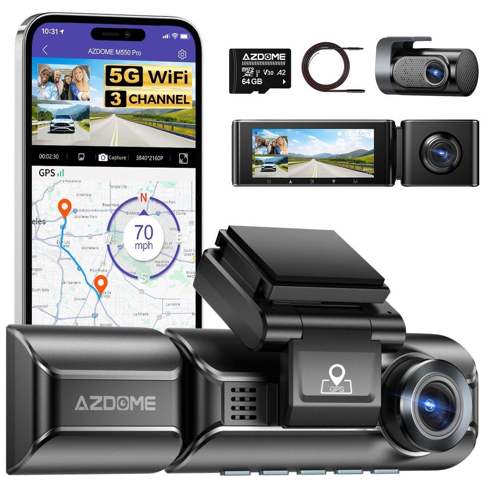 AZDOME M550 Pro 3 Channel Dash Cam with 20ft 4 Pin Extension Cable