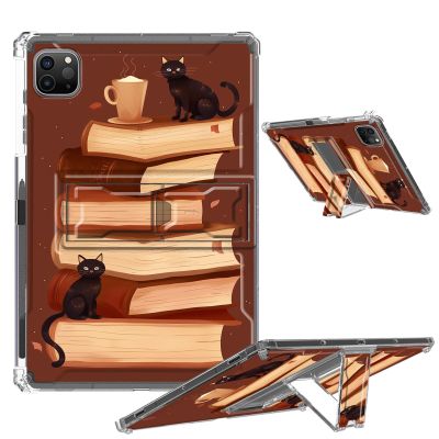 Clear Case for iPad Pro 12.9 2022/2021/2020/2018 Soft TPU Cover with Foldable Kickstand & Pencil Holder, Shockproof Rugged Cover for iPad Pro 12.9" 6th/5th/4th/3rd Gen, Stack Books Black Cats