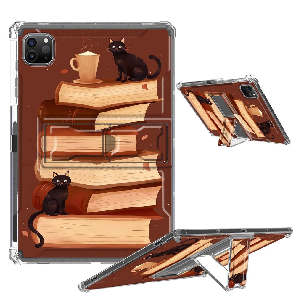 Clear Case for iPad Pro 12.9 2022/2021/2020/2018 Soft TPU Cover with Foldable Kickstand & Pencil Holder, Shockproof Rugged Cover for iPad Pro 12.9" 6th/5th/4th/3rd Gen, Stack Books Black Cats