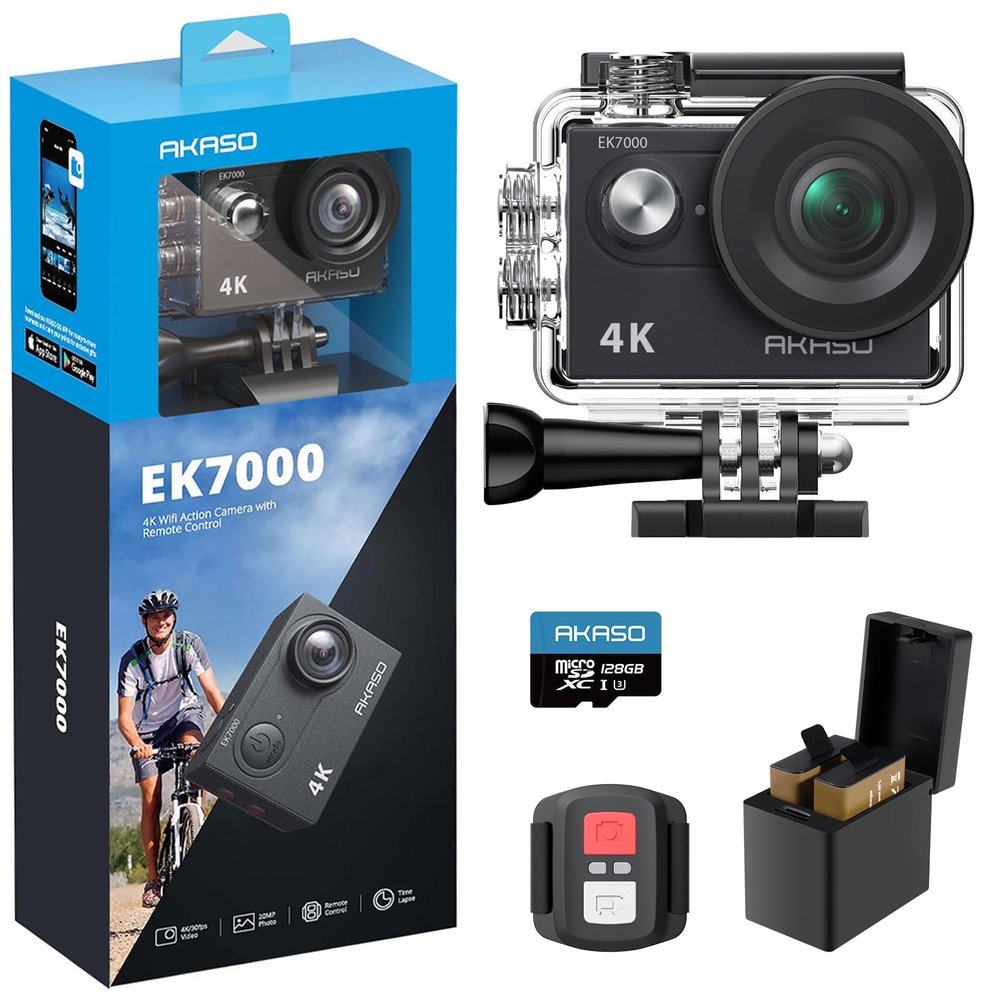 AKASO EK7000 4K30FPS 20MP WiFi Action Camera and 128GB microSDXC U3 Memory Card Bundle