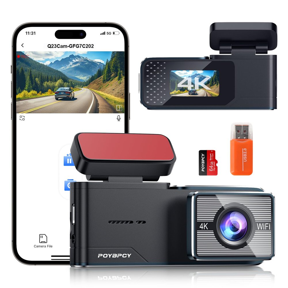 Dash Cam Front 4K WiFi Dashcam with 64GB SD Card 2160P Dash Camera for Cars,Smart App Control,WDR,Super Night Vision,Parking Mode,G-Sensor,Loop Recording,Support 256GB Max