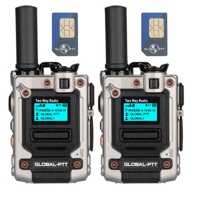 globalptt Global Walkie Talkie Unlimited Range Set of 2 with Yearly SIM Cards - 4G LTE Portable Two-Way Radios with Integrated Flashlight and Multi-Functional Screen (Silver)