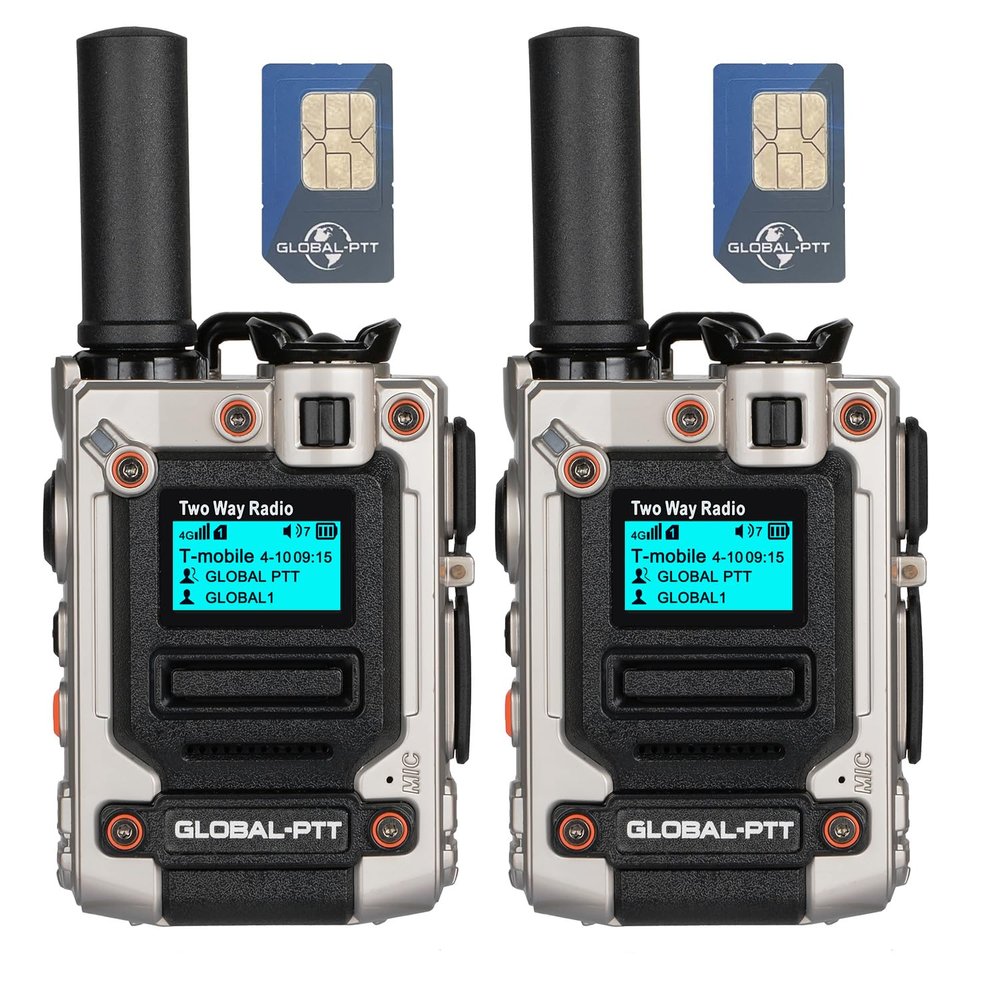 globalptt Global Walkie Talkie Unlimited Range Set of 2 with Yearly SIM Cards - 4G LTE Portable Two-Way Radios with Integrated Flashlight and Multi-Functional Screen (Silver)