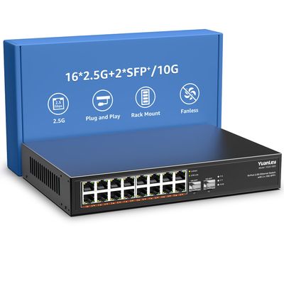 18 Port 2.5G Umanaged Ethernet Switch, 16 x 2.5Gb Base-T Ports, 2 x 10G SFP+, Compatible with 100/1000/2500Mbps, Metal Fanless, Desktop/Rack Mount YuanLey 2.5Gbe Network Switch for Wireless AP, PC