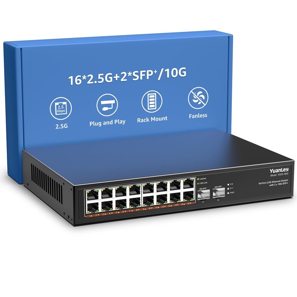 18 Port 2.5G Umanaged Ethernet Switch, 16 x 2.5Gb Base-T Ports, 2 x 10G SFP+, Compatible with 100/1000/2500Mbps, Metal Fanless, Desktop/Rack Mount YuanLey 2.5Gbe Network Switch for Wireless AP, PC