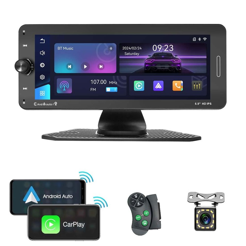 Wireless CarPlay Screen Built-in YouTube for Car, 6.9 Inch Portable Car Stereo with Android Auto for Navigation, Backup Camera, Bluetooth with Steering Wheel Remote Control
