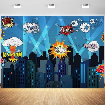 10x6.5ft Cartoon Super City Backdrop Urban Night View City Buildings Photography Background Boys Birthday Super City Themed Party Banner Decoration Supplies Photo Booth Props