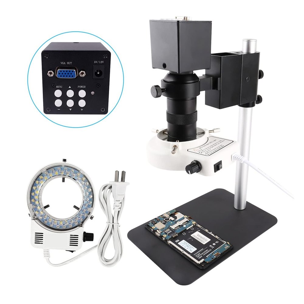 JKSVTF Electron Microscopes Digital HDMI VGA Industrial Microscope Video Microscope Sets HD 26MP 16MP +130X C Mount Lens+LED Ring Light +Metal Stand (SetB)