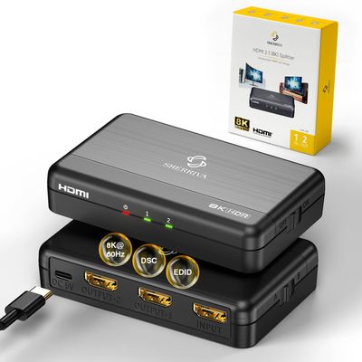 8K HDMI Splitter 1 in 2 Out (Mirror Only) HDMI 2.1 8K@60Hz, 4K@240Hz DSC, 48Gbps, HDCP 2.3, EDID, Auto Downscaling, Duplicate Screens for Dual Monitors, TV, PS5, Xbox
