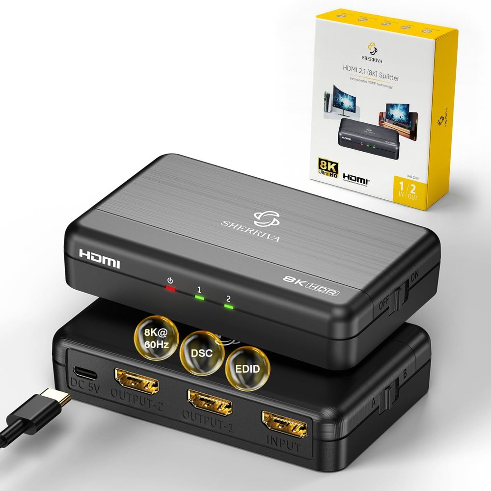 8K HDMI Splitter 1 in 2 Out (Mirror Only) HDMI 2.1 8K@60Hz, 4K@240Hz DSC, 48Gbps, HDCP 2.3, EDID, Auto Downscaling, Duplicate Screens for Dual Monitors, TV, PS5, Xbox