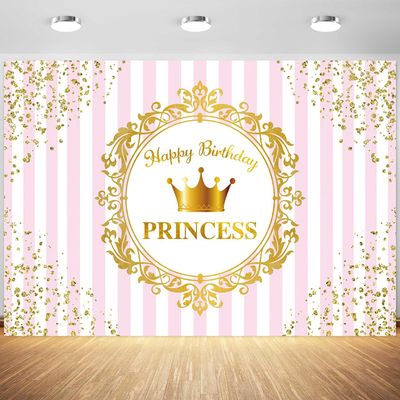 10x6.5ft Happy Birthday Backdrop for Girls Pink Stripes Gold Crown Spots Photography Background Princess Birthday Party Banner Decoration Supplies Photo Booth Props