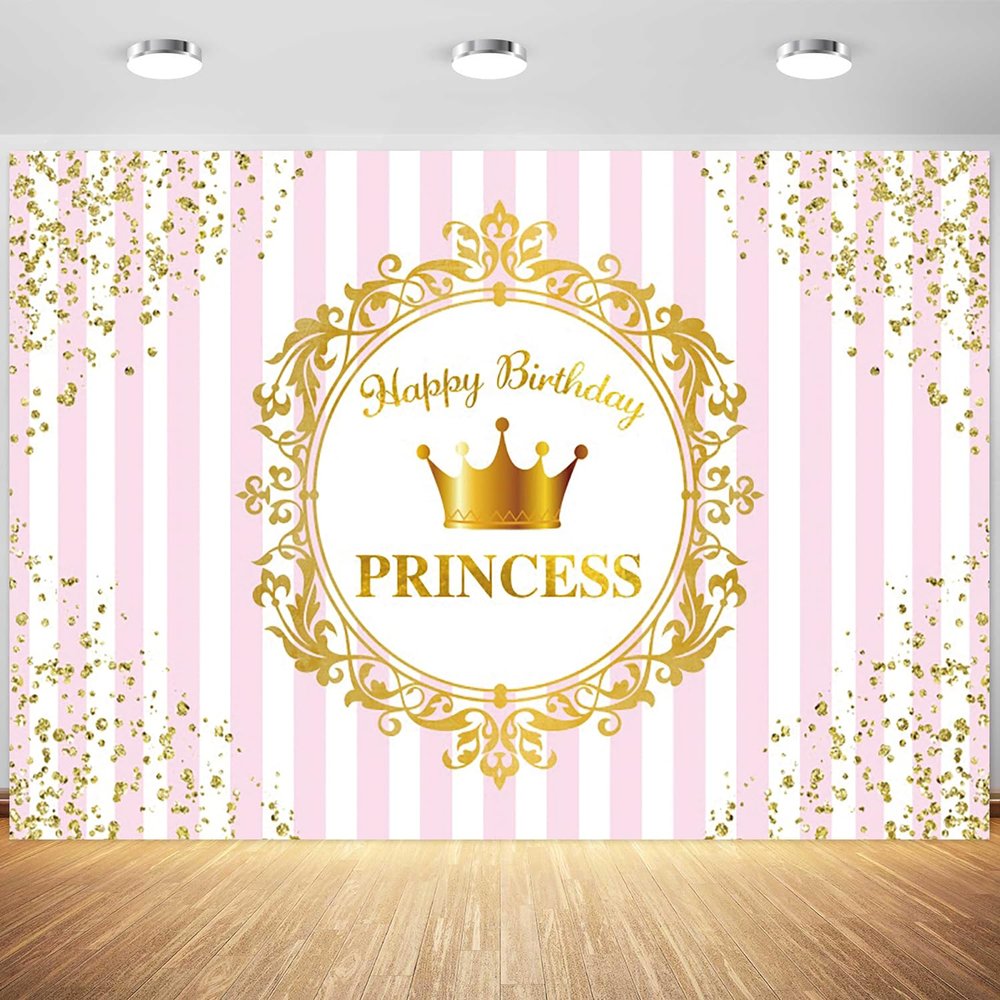 10x6.5ft Happy Birthday Backdrop for Girls Pink Stripes Gold Crown Spots Photography Background Princess Birthday Party Banner Decoration Supplies Photo Booth Props