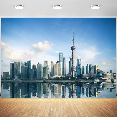 10x8ft Cityscape Backdrop Shanghai City Landmark Oriental Pearl Tower Huangpu River Photography Background City View Skyline Urban Buildings Decoration Wallpaper Photo Booth Props