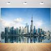 10x8ft Cityscape Backdrop Shanghai City Landmark Oriental Pearl Tower Huangpu River Photography Background City View Skyline Urban Buildings Decoration Wallpaper Photo Booth Props view 1