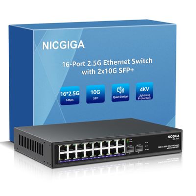 16 Port 2.5G  2 Port 10G SFP+ Ethernet Switch, NICGIGA 18 Port 2.5Gb Network Switch Unmanaged, Plug & Play, Desktop or 19-inch Rack Mount, Fanless Metal Design.