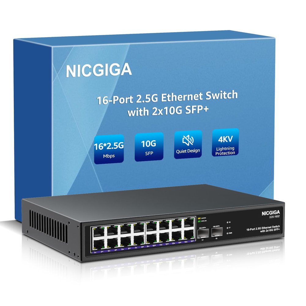 16 Port 2.5G  2 Port 10G SFP+ Ethernet Switch, NICGIGA 18 Port 2.5Gb Network Switch Unmanaged, Plug & Play, Desktop or 19-inch Rack Mount, Fanless Metal Design.