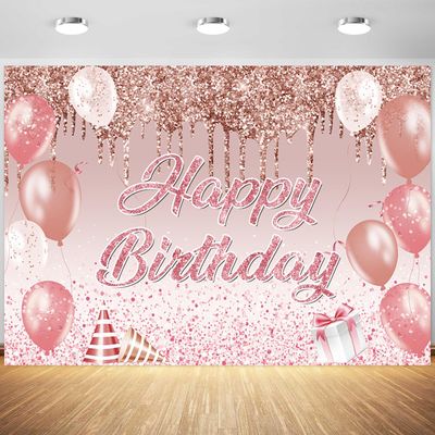 10x6.5ft Rose Gold Happy Birthday Backdrop Girls Pink Balloons Glitter Spots Photography Background 1st Birthday Party Sweet 16th Banner Decoration Supplies Photo Booth Props