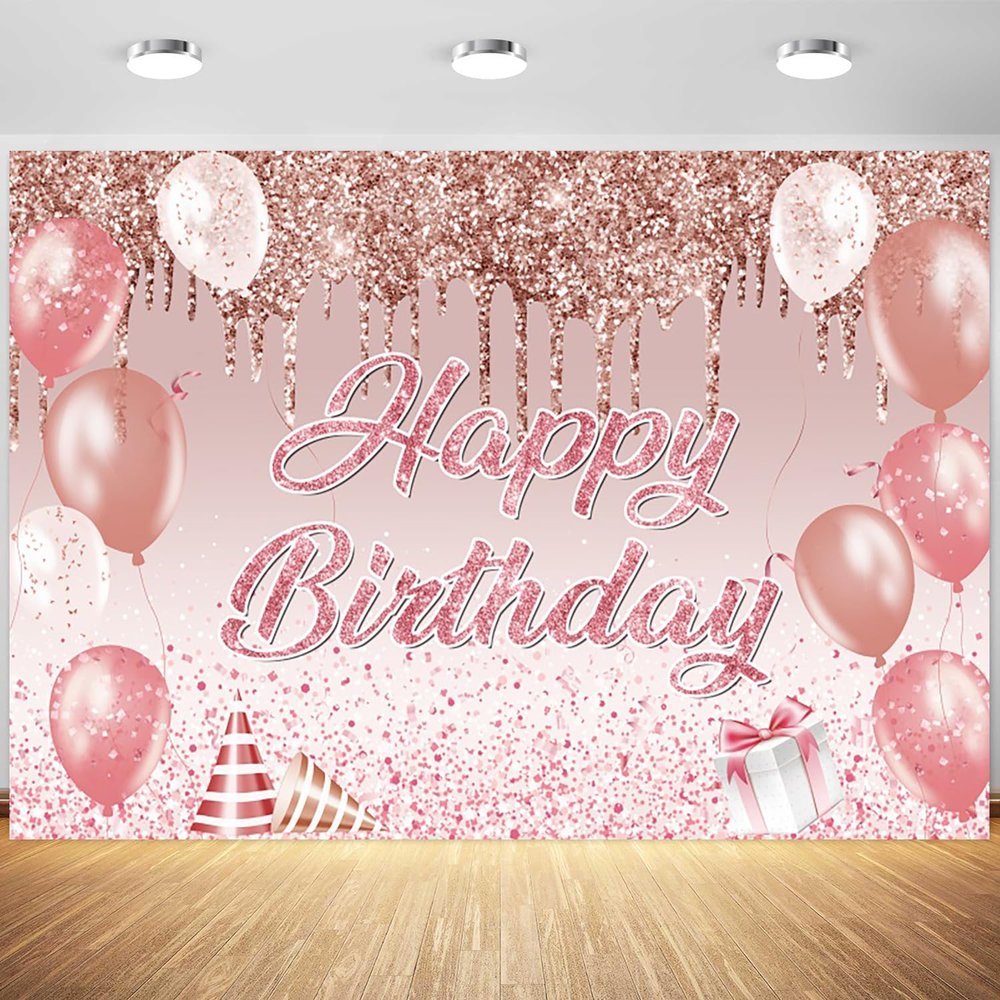 10x6.5ft Rose Gold Happy Birthday Backdrop Girls Pink Balloons Glitter Spots Photography Background 1st Birthday Party Sweet 16th Banner Decoration Supplies Photo Booth Props