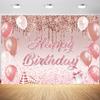 10x6.5ft Rose Gold Happy Birthday Backdrop Girls Pink Balloons Glitter Spots Photography Background 1st Birthday Party Sweet 16th Banner Decoration Supplies Photo Booth Props view 1