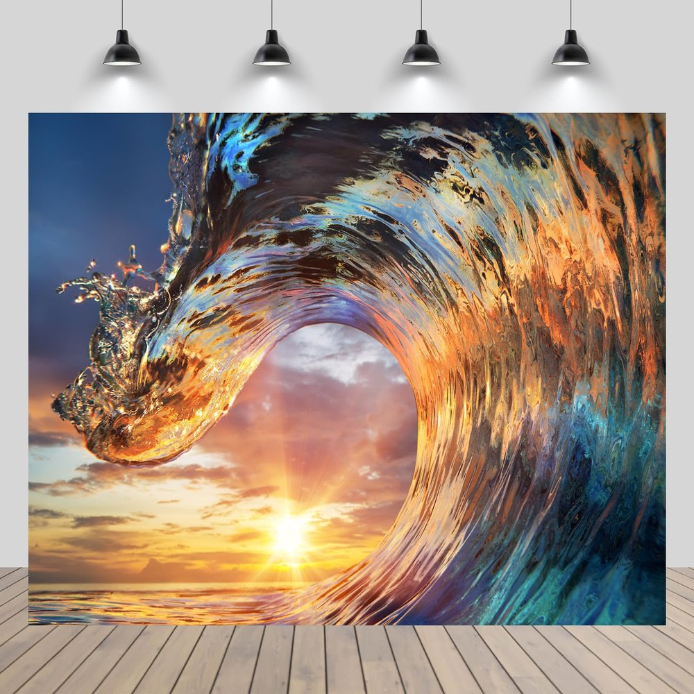 chnywork 5x3ft Ocean Waves Backdrop Blue Surf Wave Summer Ocean Surfer Waves Water Sunset Scenery Background Summer Surfing Party Decorations Photo Booth Studios Props Wallpaper