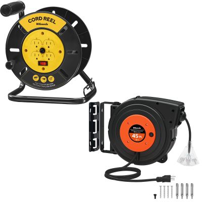 WILAWELS Extension Cord Storage Reel 15A Circuit Breaker and Retractable Extension Cord Reel Bundle, 45 FT Heavy Duty Power Cord, 12AWG/3C SJTOW Y95CR06-B45CR06