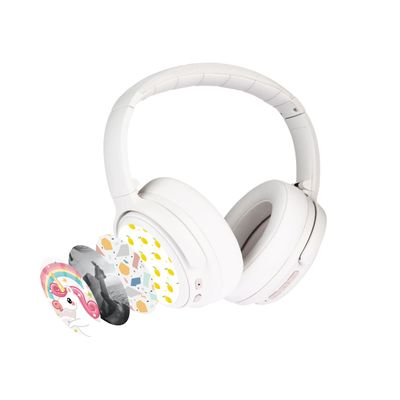 BuddyPhones Cosmos Fun | Wired or Wireless Foldable ANC Bluetooth Headphones + Microphone - SafeAudio Volume-Limiting Options, for Toddlers to Young Adults (White)